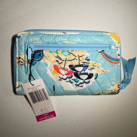 Vera Bradley RFID Turnlock Wallet Beach Pattern Blue Multicolor - Picture 2 of 5